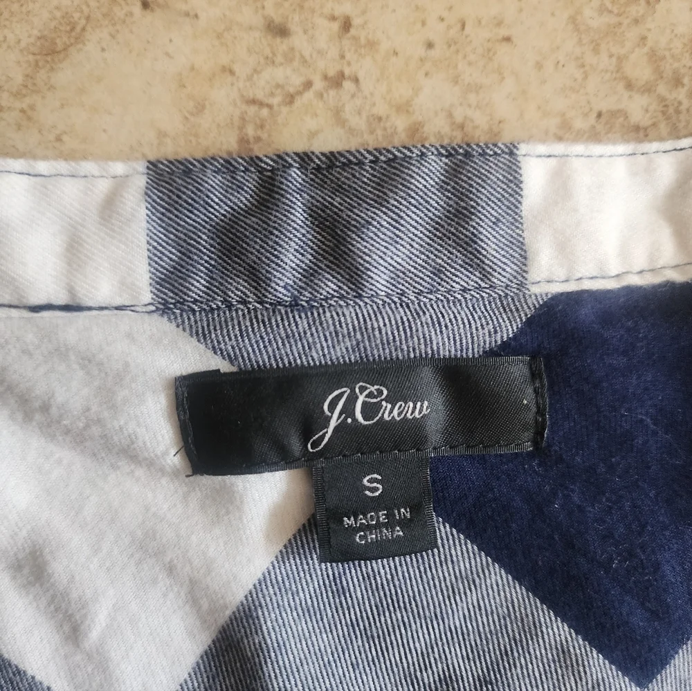 J. Crew Navy and White Checked Popover Top